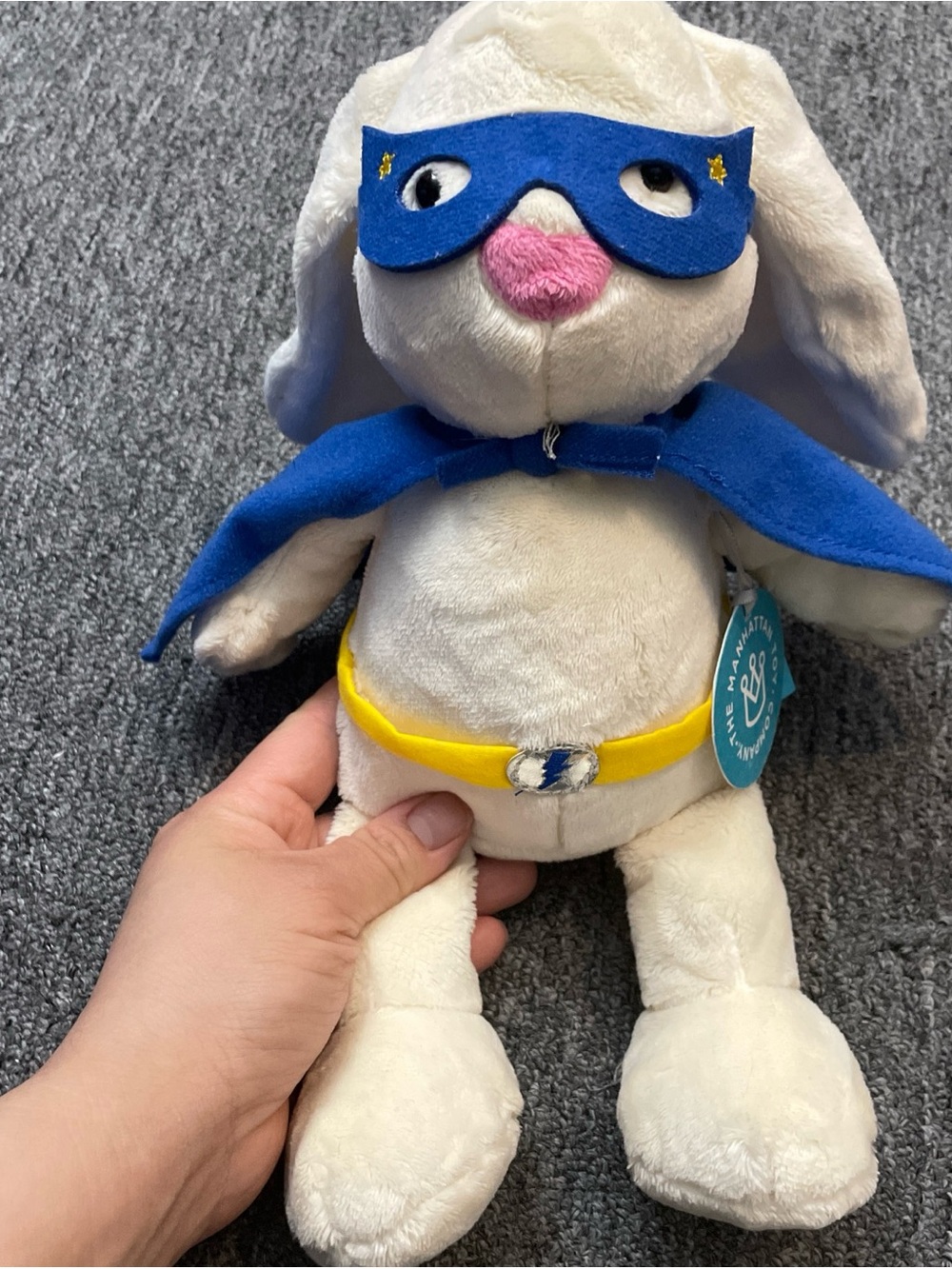 Manhattan Toys plush super hero bunny rabbit plush cream blue cape yellow belt